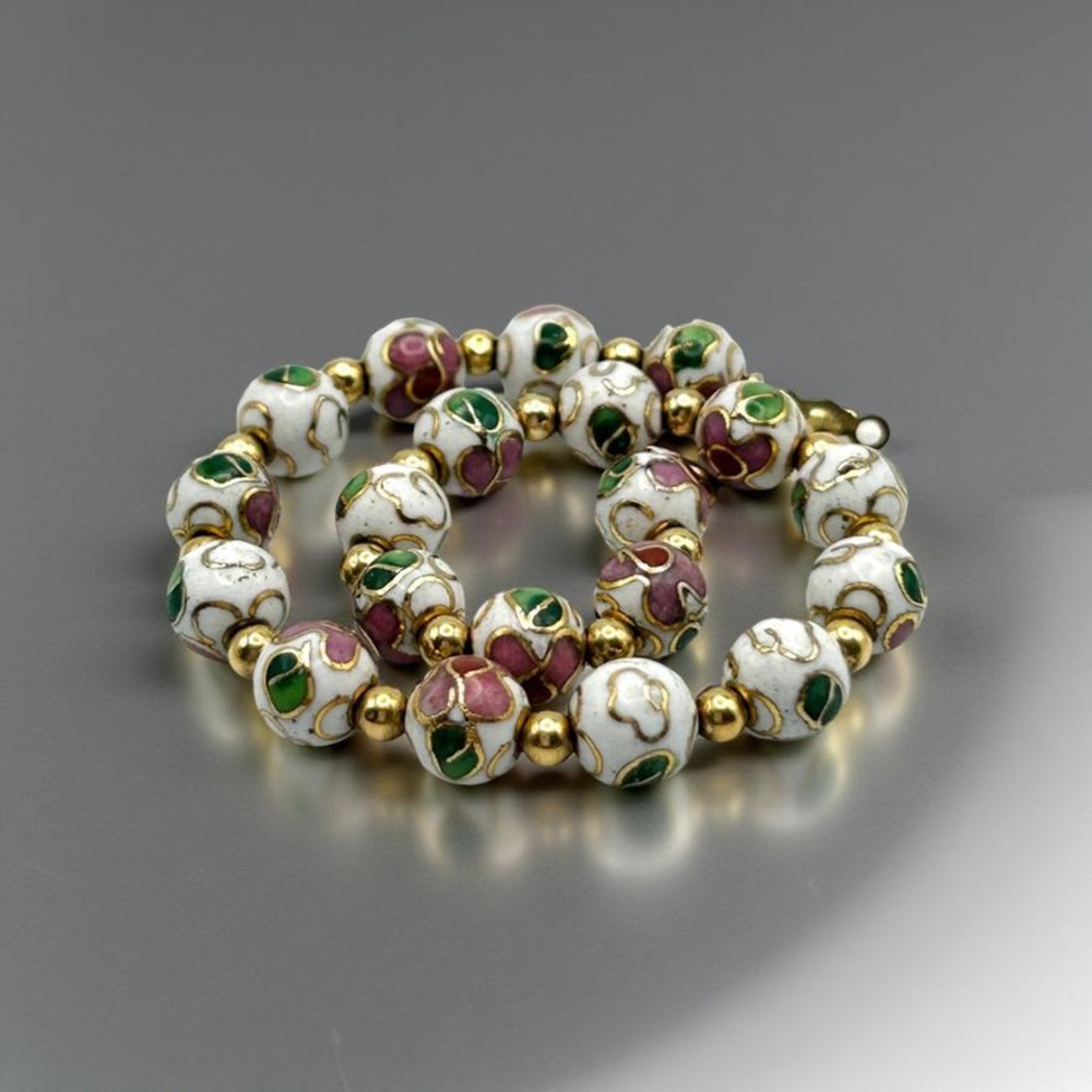 Vintage 14K Gold Cloisonné Beaded Bracelet Hand Painted Flowers 7”